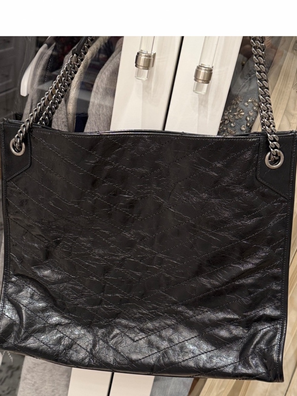 YSL Large Niki Shopper Tote Bag in Black Crinkled Leather